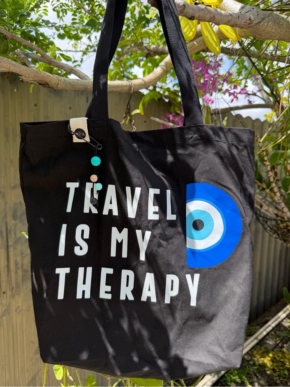 Black 'Travel Is My Therapy' Canvas Tote Bag